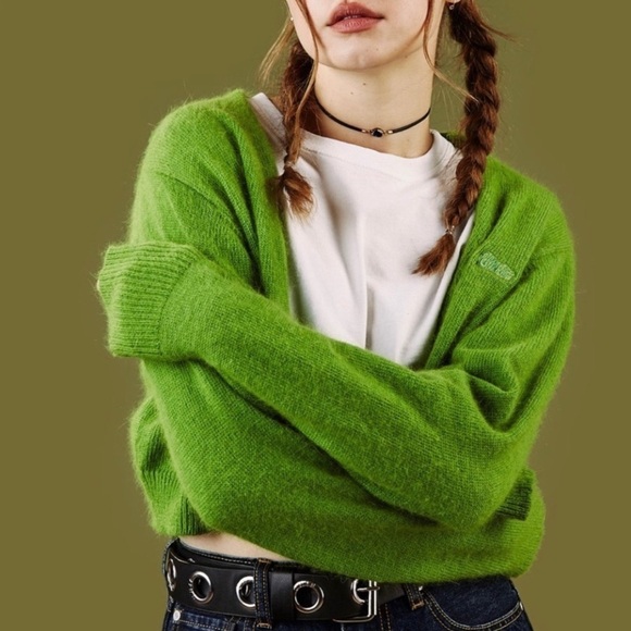 UNIF Liv Cropped Cardigan V Neck Button Front Alpaca Blend Sweater Green XS - Picture 4 of 16